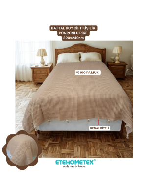 ETEHOMETEX PONPONLU PAMUK PİKE ÇİFT KİŞİLİK 220X240CM BEJ 8696474231902